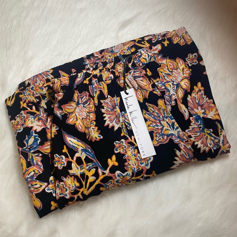 NWT Nicole Miller Pants Womens S Black Multi Floral Wide Leg Elastic Waist - Picture 9 of 9